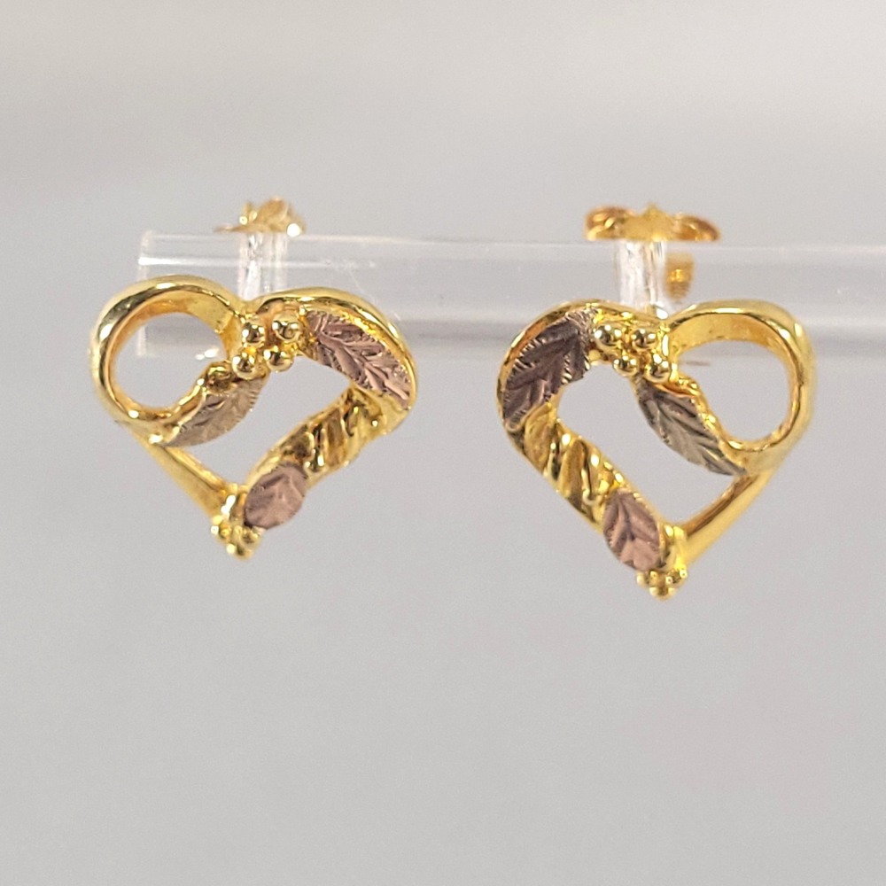 10k Tri-Color Gold Heart Leaf Stud Earrings 14k Backs Black Hills Style